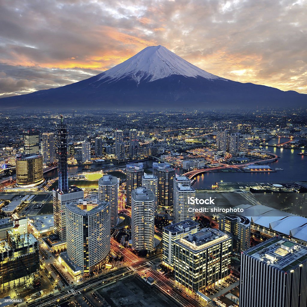 Surreal aerial view of Yokohama and Mount Fuji surreal view of Yokohama and Mt. Fuji retouch from 3 photo Mt. Fuji Stock Photo
