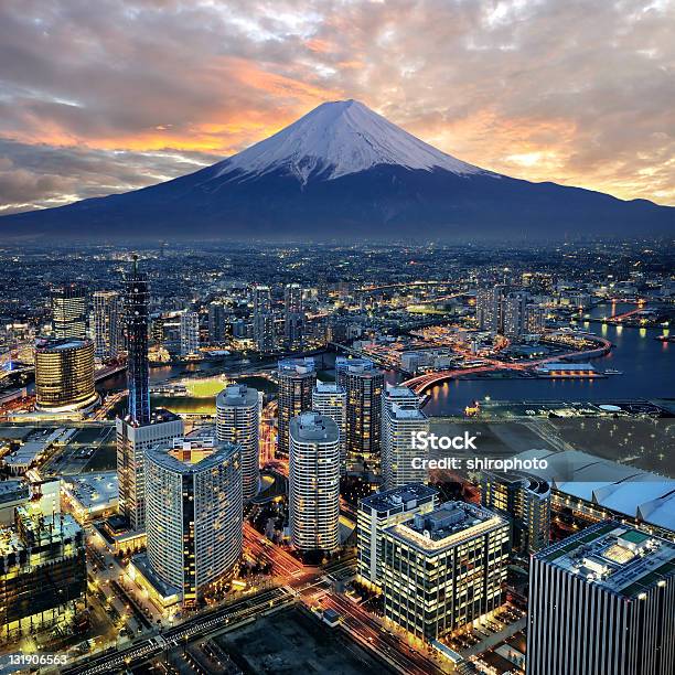 Surreal Aerial View Of Yokohama And Mount Fuji Stock Photo - Download Image Now - Mt. Fuji, Yokohama, Japan