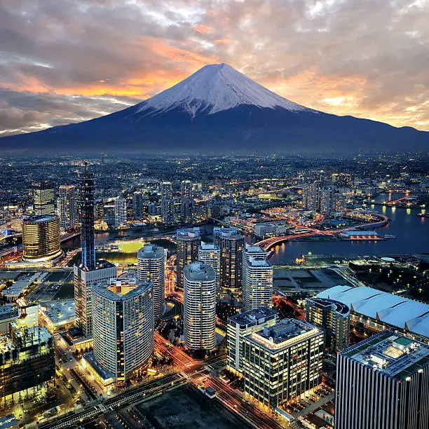 surreal view of Yokohama and Mt. Fuji retouch from 3 photo