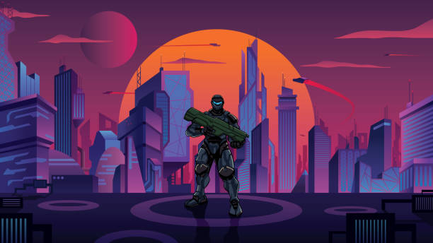 Futuristic Soldier in City Illustration of futuristic soldier in high-tech exoskeleton armor suit holding big laser gun, in futuristic city at sunset. toy soldier stock illustrations