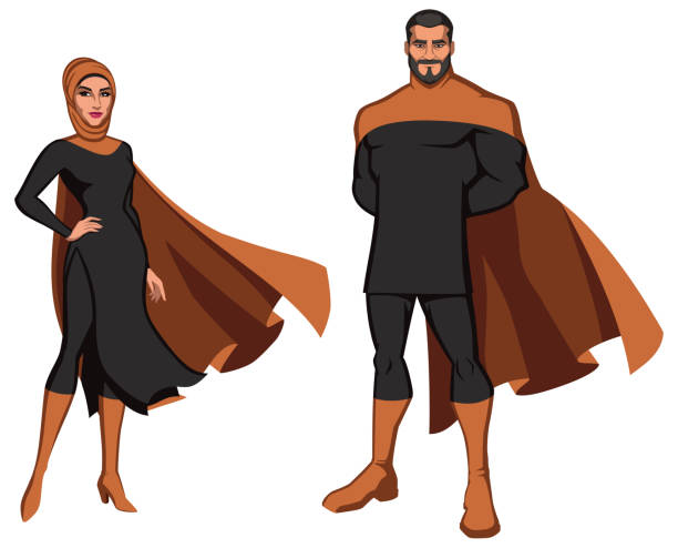 ilustraciones, imágenes clip art, dibujos animados e iconos de stock de pareja de superhéroes de oriente medio sobre blanco - sport couple isolated muscular build