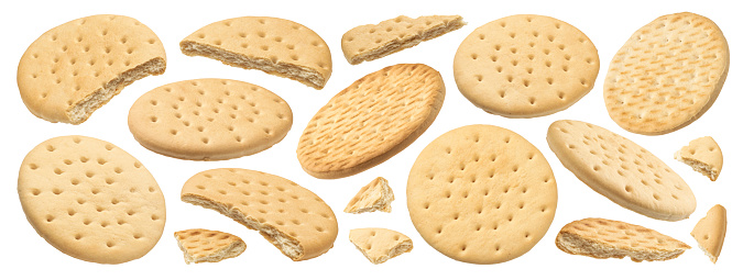 Round crackers, maria cookies collection isolated on white background with clipping path