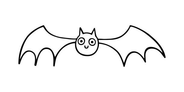 illustrations, cliparts, dessins animés et icônes de une chauve-souris mignonne avec de grandes ailes et un visage souriant. un symbole d’halloween. illustration vectorielle dessinée à la main dans le style doodle, isolée sur un fond blanc. pour les cartes, autocollants, tatouages, vacances d’hallowee - bat halloween silhouette wing