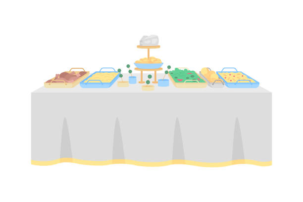 Buffet table for wedding reception flat color vector object Buffet table for wedding reception flat color vector object. Hotel restaurant. Multiple hot, cold dishes. Table serving for party isolated cartoon illustration for web graphic design and animation catering buffet stock illustrations