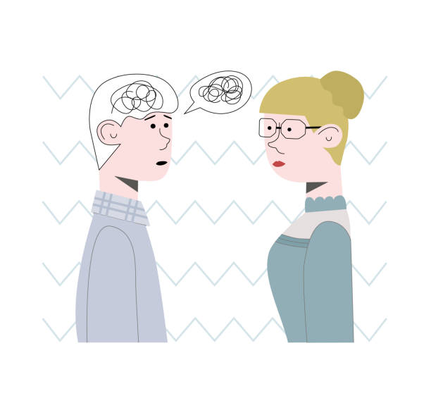 istock Patient is trying to solve a psychological problem with doctor. He is all in a tangle, his thoughts were all jumbled together. Concept vector illustration. 1319077115