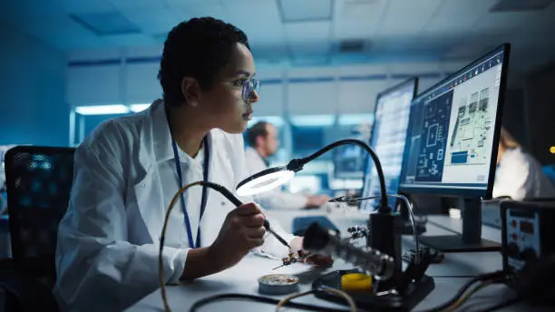 Photo of Modern Electronics Research, Development Facility: Black Female Engineer Does Computer Motherboard Soldering. Scientists Design Industrial PCB, Silicon Microchips, Semiconductors. Close-up Shot