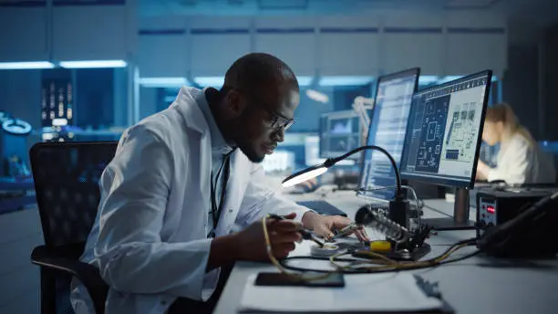 Photo of Modern Electronics Research, Development Facility: Black Male Engineer Does Computer Motherboard Soldering. Scientists Design PCB, Silicon Microchips, Semiconductors. Medium Closeup Shot