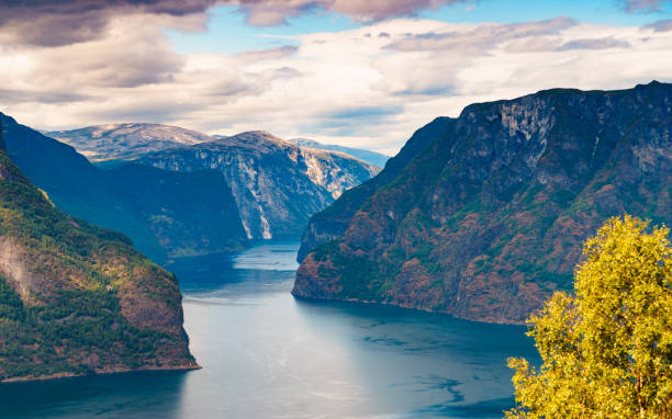 ノルウェーのアウルラントスフィヨルドのフィヨルド風景 - aurlandfjord ストックフォトと画像