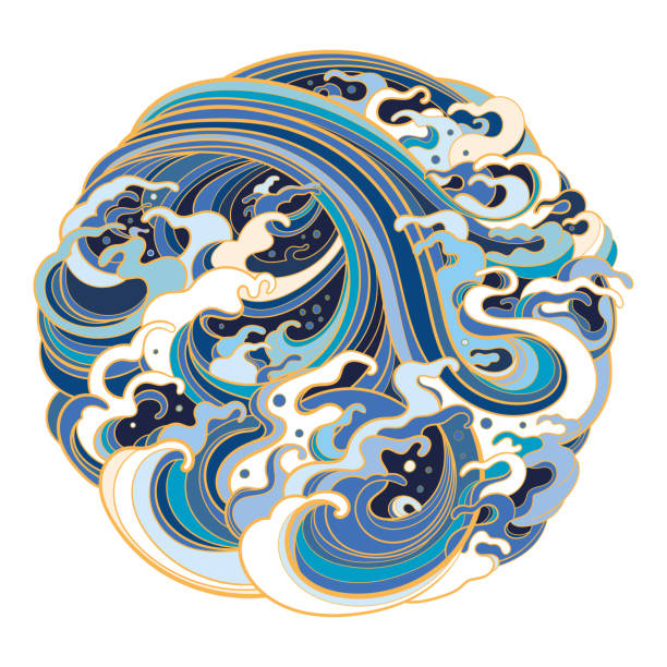 Traditional oriental sea waves in the form of a circle. vector art illustration