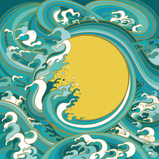 illustrazioni stock, clip art, cartoni animati e icone di tendenza di illustrazione vettoriale a colori per la progettazione grafica. modello di cornice con l'immagine delle onde del mare in stile orientale tradizionale. - wave curl