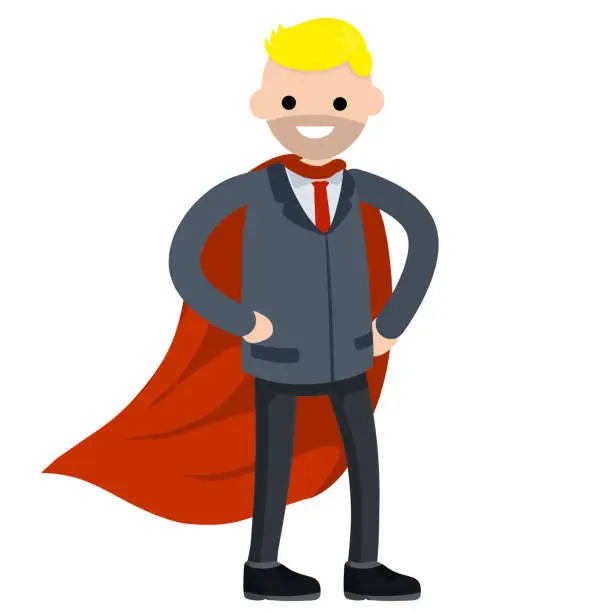 Vector illustration of Businessman. Cartoon flat illustration. Superhero in red cloak. Man in strong pose and suit. Success and victory in business