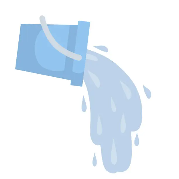 Vector illustration of Blue bucket of water. Splash and splatter. Cleaning the house. Object for washing. Blue puddle on the floor. Liquid pours out. Cartoon flat illustration