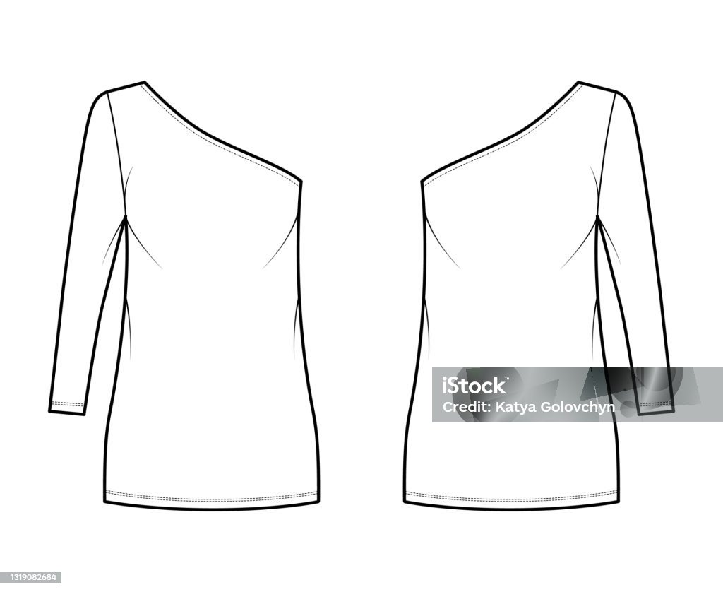 Dress One Shoulder Technical Fashion Illustration With Long Sleeve ...