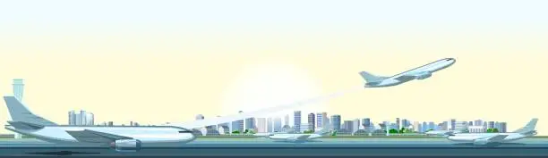 Vector illustration of The passenger plane takes off. Airport outside. Runway. Towers and hangars. Against the backdrop of a large modern city. The beginning of a tourist trip. Illustration vector