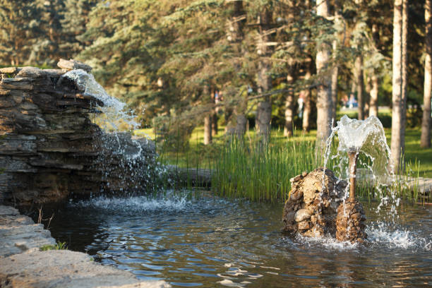 Beautiful pond with fountain in park made in handmade of stones and evergreen plant