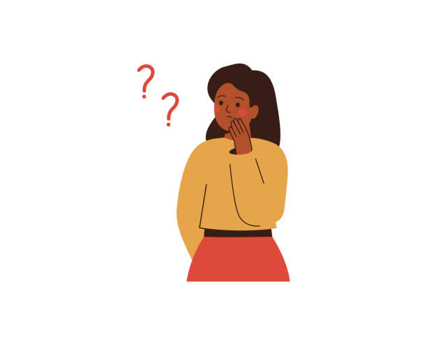 ilustrações de stock, clip art, desenhos animados e ícones de black woman thinks about something and looks at question marks. thoughtful african girl makes the decision or explains some things for herself. - white background decisions contemplation choice