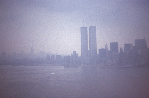 New York City, NY, USA, 1977. Manhattan southern tip in fog.