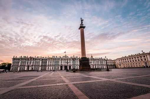Sunset Over Main Square And Alexander Column In St. Petersburg, Russia