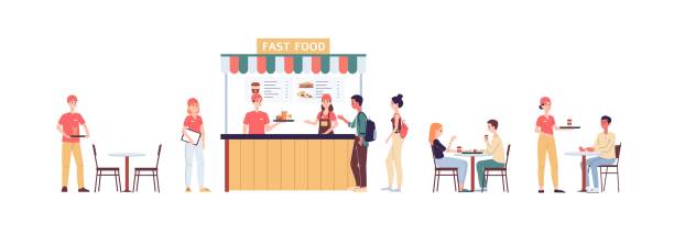 Fast food restaurant or cafe with visitors and workers a vector flat illustration Fast food restaurant or cafe with visitors and workers. Cashiers at counter sell of meal and beverages, waiters deliver orders, people sits at tables. Vector flat illustration. quick service restaurant cashier stock illustrations