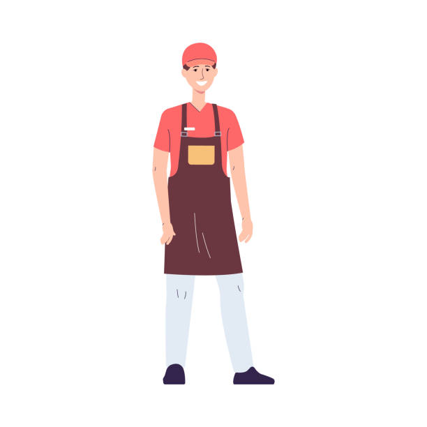 Male worker, service staff of fast food restaurant a vector illustration. Male worker of fast food restaurant. Smiling young man in red uniform and apron, service staff. Flat vector illustration isolated on white background. quick service restaurant cashier stock illustrations
