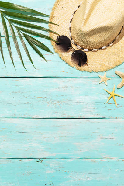 istock Ladies straw hat, sunglasses, starfish and palm leaf on colored background with copy space 1319089457