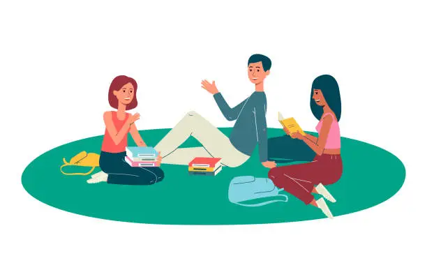 Vector illustration of Students college, university or school pupils with textbooks sitting on lawn.