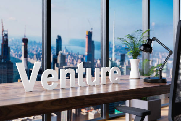 istock venture; office chair in front of modern workspace and panoramic skyline view; business concept; 3D Illustration 1319089951