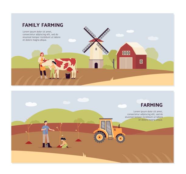 Family farming horizontal banners or flyers set flat vector illustration. Family farming horizontal banners or flyers set with farmers characters, flat vector illustration. Family small local business and farming backgrounds collection. farmer son stock illustrations
