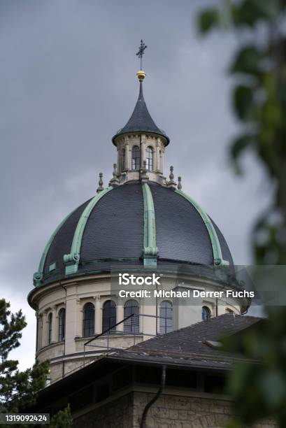 Top Of Roman Catholic Church At Zurich Enge Stock Photo - Download Image Now - Architectural Dome, Architecture, Blue