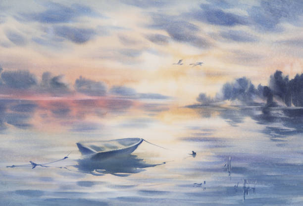 istock Hand painted watercolor landscape with clouds and a lake 1319094403