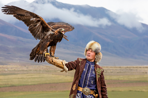 Issyk Kul, Kyrgyzstan - September 30, 2019: Eagle hunter and his Golden Eagle in Issyk Kul, Kyrgyzstan