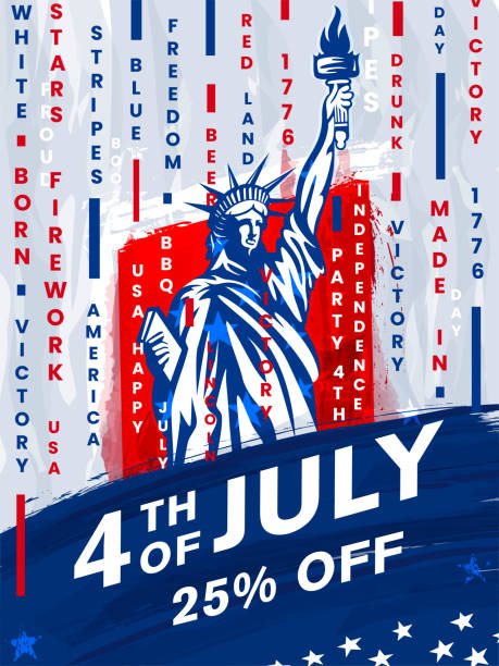 4. juli verkauf, rabatt, bieten plakat hintergrunddesign mit freiheitsstatue mit aquarell und typografie-design - american flag fourth of july watercolor painting painted image stock-grafiken, -clipart, -cartoons und -symbole