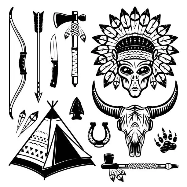 Vector illustration of Alien indian and different western elements set of vector objects in black and white vintage style isolated illustration