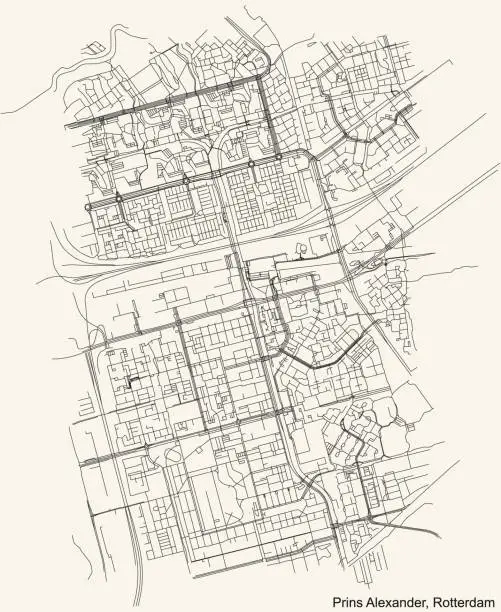 Vector illustration of Street roads map of the Prins Alexander quarter district of Rotterdam, Netherlands