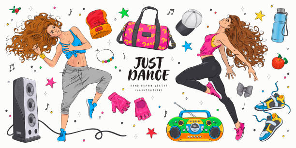Hand drawn sketch dance studio set Hand drawn sketch dance studio set. Vector illustration of happy young dancing women zumba image stock illustrations