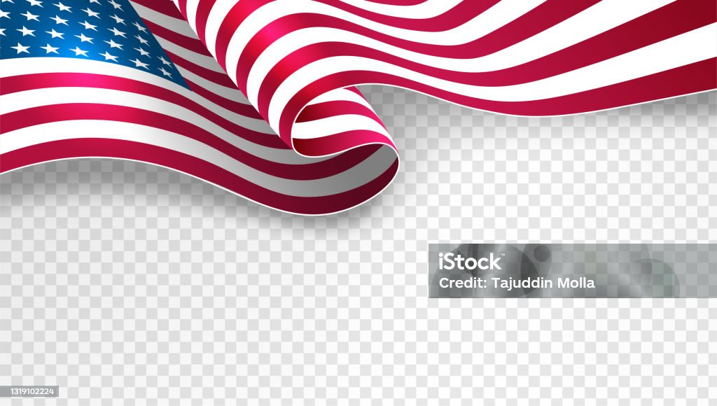 USA waving-flag on transparent background template for poster, banner, postcard, flyer, greeting card etc. Vector illustration. Independence Day is celebrated on the 4th of July of each year in the USA and it is the celebration of the day the United States Of America declared its independence from the control of Great Britain. Independence Day is commonly celebrated with the lighting of fireworks or electronic light shows, music, and outdoor activities the display of the "American" flag, and the display of the USA flag colors red, white, and blue. American Flag stock vector