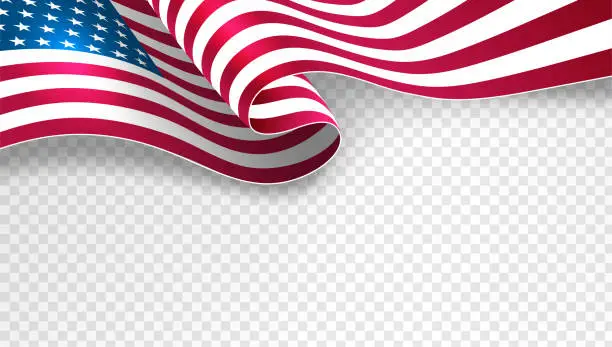 Vector illustration of USA waving-flag on transparent background template for poster, banner, postcard, flyer, greeting card etc. Vector illustration.