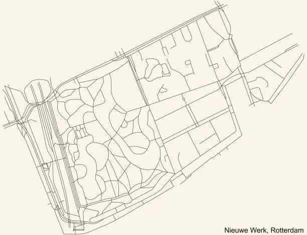 Vector illustration of Street roads map of the Nieuwe Werk neighbourhood of Rotterdam, Netherlands