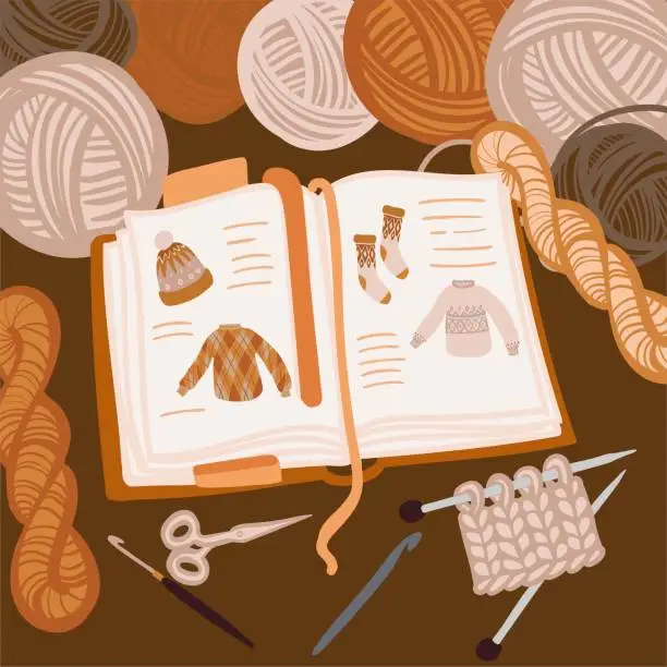 Vector illustration of book about knittig and wool around
