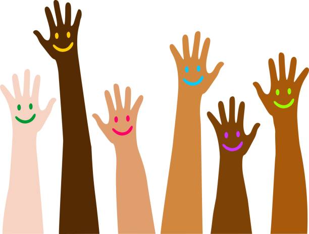 Colorful painted hands smileys of different skin colors raised up. Six colorful painted hands smileys of different skin colors raised up. childrens rights stock illustrations