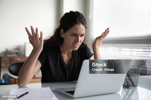 Mad Young Woman Worker Losing Job Result On Broken Pc Stock Photo - Download Image Now