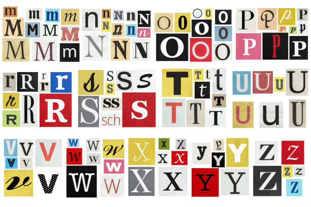 ransom note alphabet papier geschnitten buchstaben zeitung sendebuch ausschnitte - letter text bribing alphabet stock-fotos und bilder
