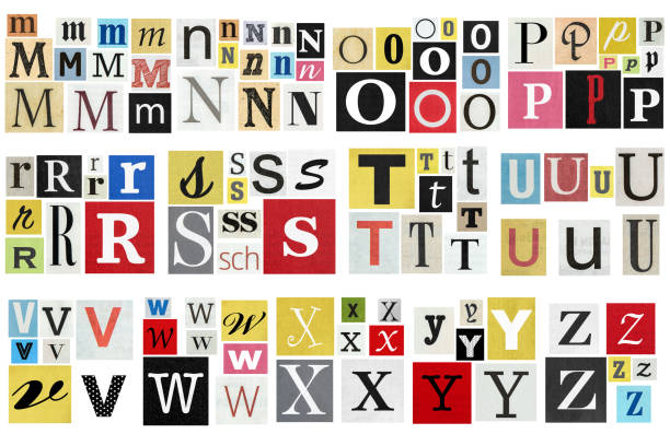 ransom note alphabet paper cut letters newspaper magazine cutouts - letter text bribing alphabet imagens e fotografias de stock