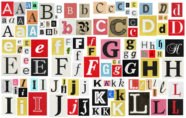 paper cut letter newspaper magazine cutouts. creative message - letter text bribing alphabet imagens e fotografias de stock