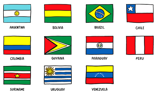Flags of South America set sketch. Hand drawn Doodle Vector illustration