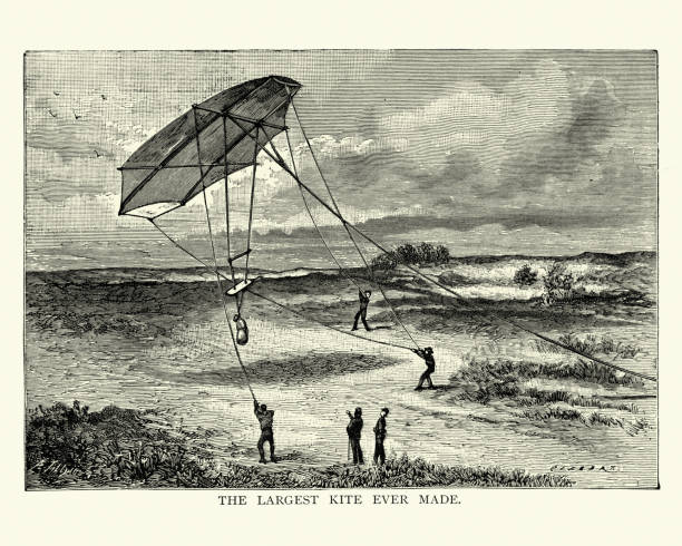 Vintage illustration of French inventor Maillot demonstrates that a kite can be made which will lift a man off the ground, Victorian 19th Century
