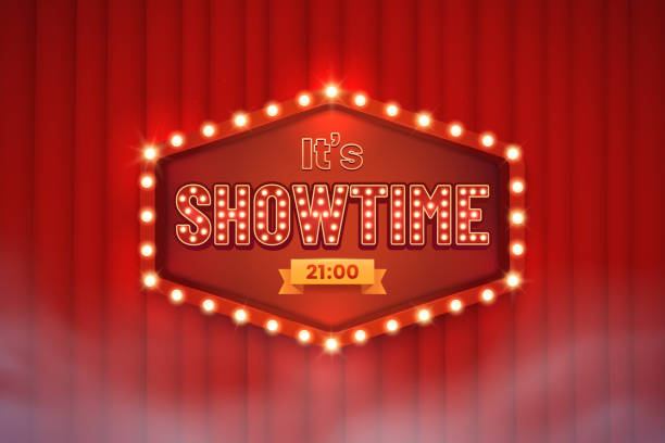 Shining showtime sign against the backdrop of a red curtain. Signboard with glowing bulbs in retro style. Banner design for show, concert or performance announcement. Vector illustration. Shining showtime sign against the backdrop of a red curtain. Signboard with glowing bulbs in retro style. Banner design for show, concert or performance announcement. Vector illustration. theater industry illustrations stock illustrations