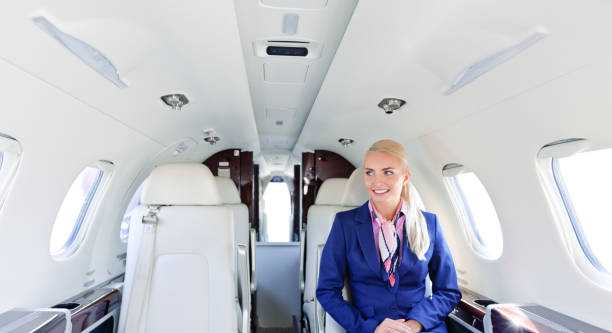 istock Smiling flight attendant looking away in private jet 1319115284