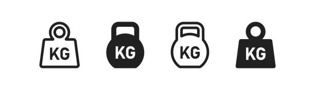 ilustrações, clipart, desenhos animados e ícones de conjunto de ícones de peso. logotipo de sino kg. kettlebell, sinal pesado. sumbol de haltere de ferro em vetor flat - sumbol