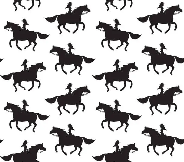 Vector illustration of Vector seamless pattern of black western cowboy girl woman riding running horse silhouette